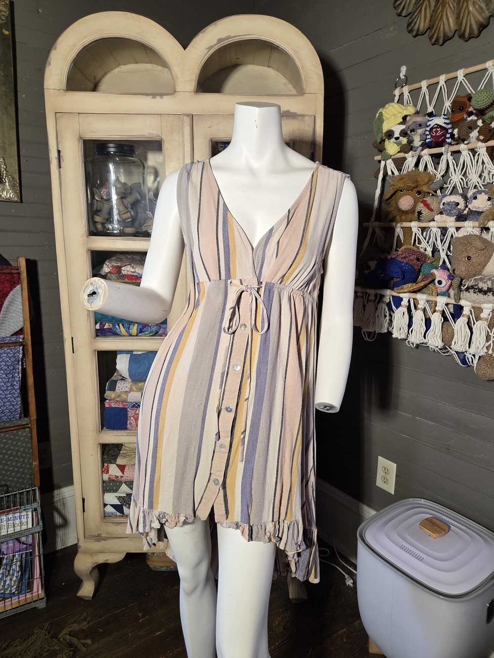 saltwater LUXE Striped Asymmetrical Tunic Dress in Beige, Lavender & Mustard